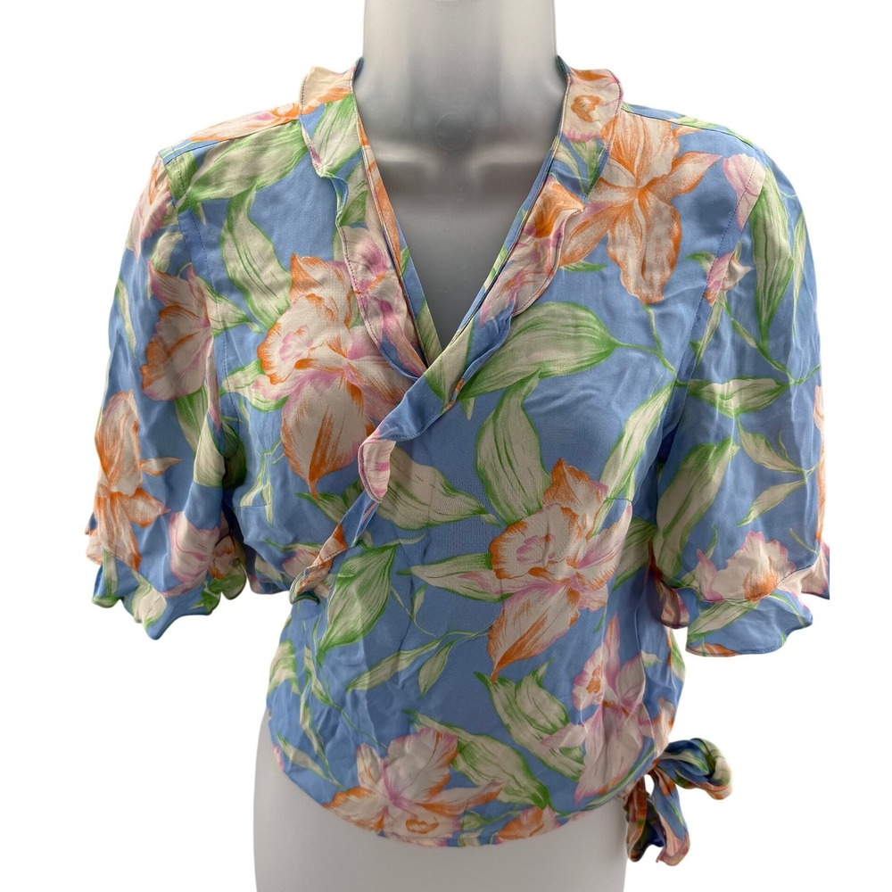 Lauren Ralph Lauren Blue Silk Floral Wrap Blouse Short Sleeve Ruffle Top Medium - Picture 1 of 7